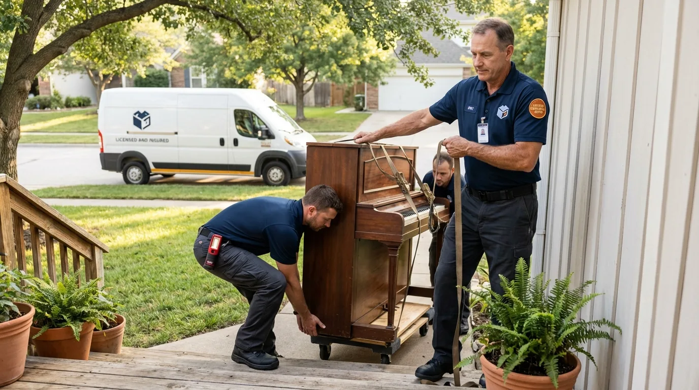 Licensed piano movers securing grand piano in Orleans, MA