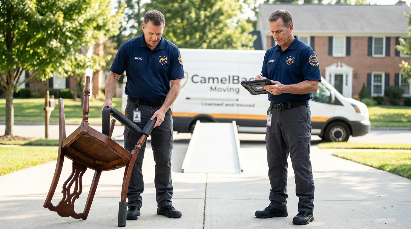 Movers inspecting furniture for damage prevention before loading in Orleans, MA