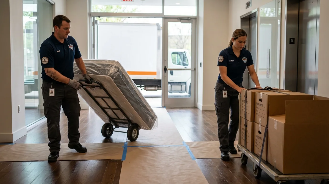 Professional apartment movers loading elevator in Orleans, MA