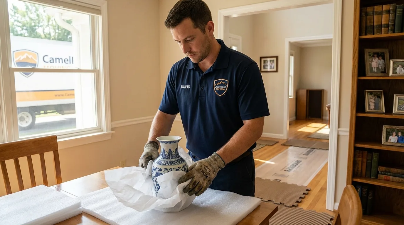 Professional crew carefully wrapping antique vase for senior downsizing move in Orleans, MA