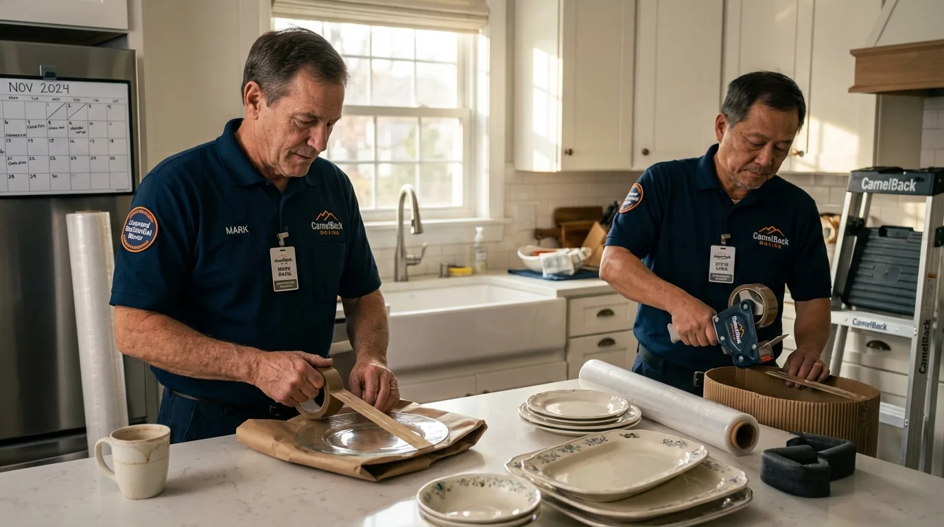 Professional crew packing kitchen dishware in Orleans, MA